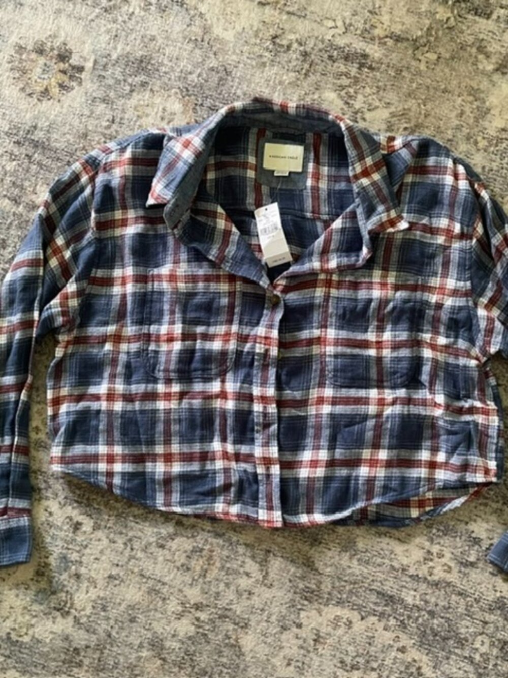 American Eagle Cropped Flannel Shirt Womens Medium Blue Plaid Cozy Button Up T9